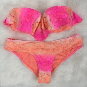 Victoria's Secret 2 Piece Ombre Orange Pink CROCHET Lace Top 36C Bottom Medium